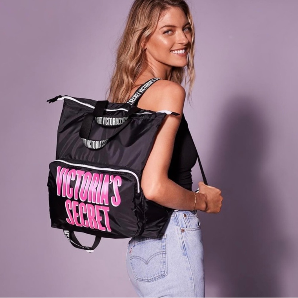 Victoria's Secret Nylon Packable Backpack Black /Pink Clutch.